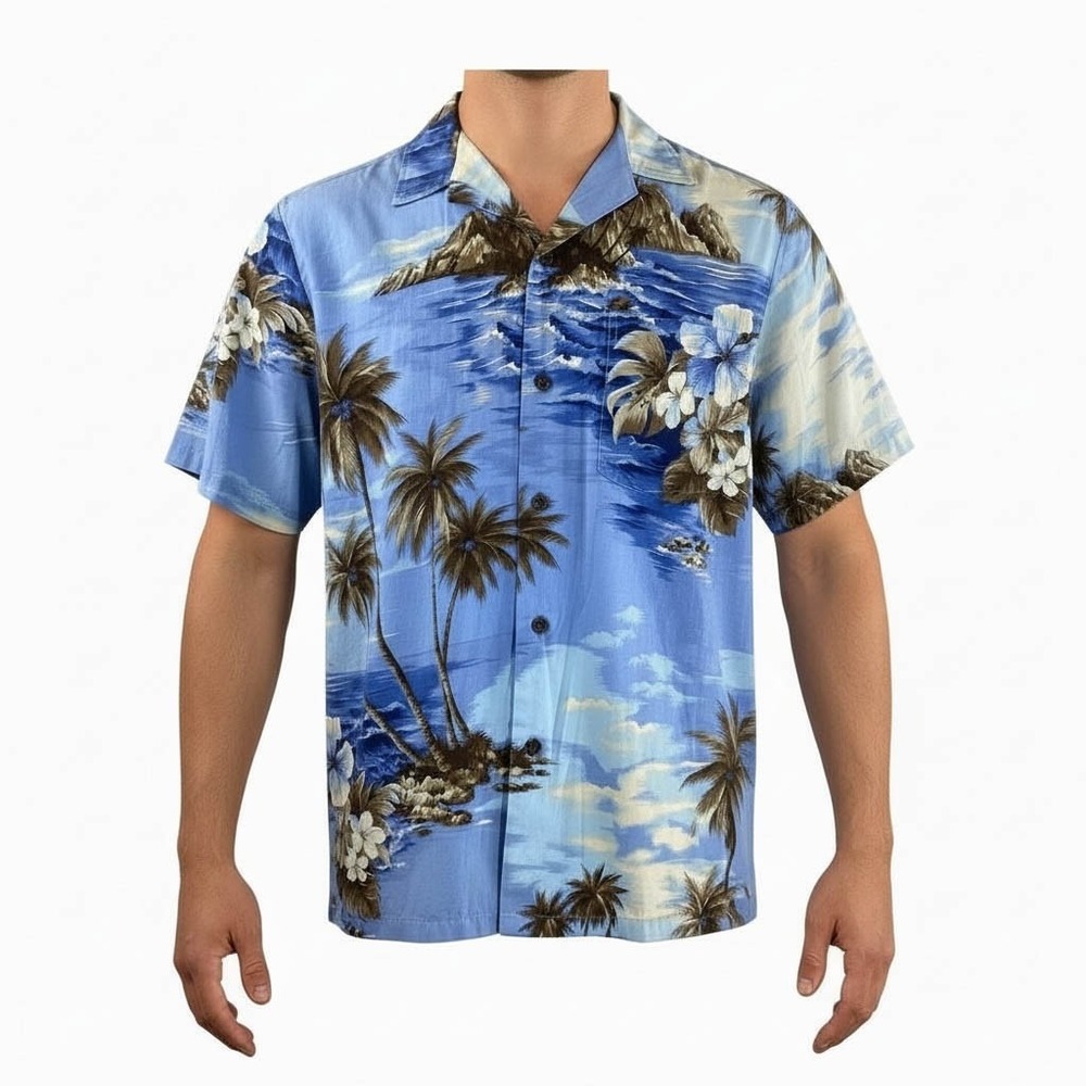 RJC Hawaiian Aloha Shirt Medium Floral Palm Trees Tropical Flowers Blue Brown